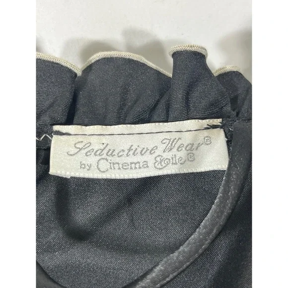 VTG Seductive Wear by Cinema Elle Black Satin Ruffle Robe/Baby Doll Gown Set S/M